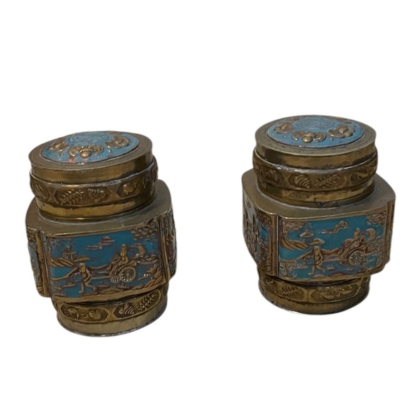 Pair of Vintage Brass Chinese Urn Snuff Brass & Enamel Lidded Trinket Tea Jar - Picture 2 of 11